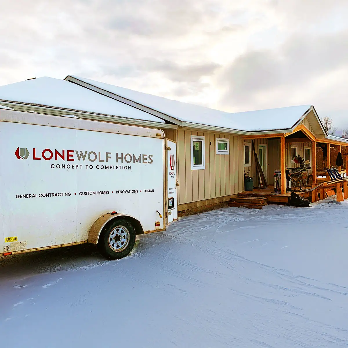 LoneWolf Homes trailer at renovation site LoneWolf Homes trailer at renovation site